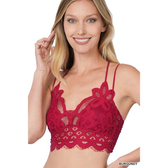 1X Burgundy Lace Bralette with Bra Pads Zenana double adjustable straps smocked - Picture 15 of 15
